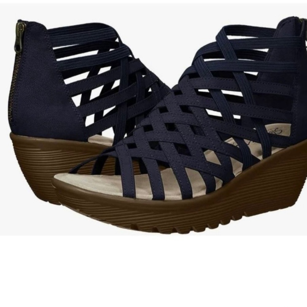Sketchers Memory foam.New. Parallel Dream Queen Wedge Peep Toe Leather. Navy